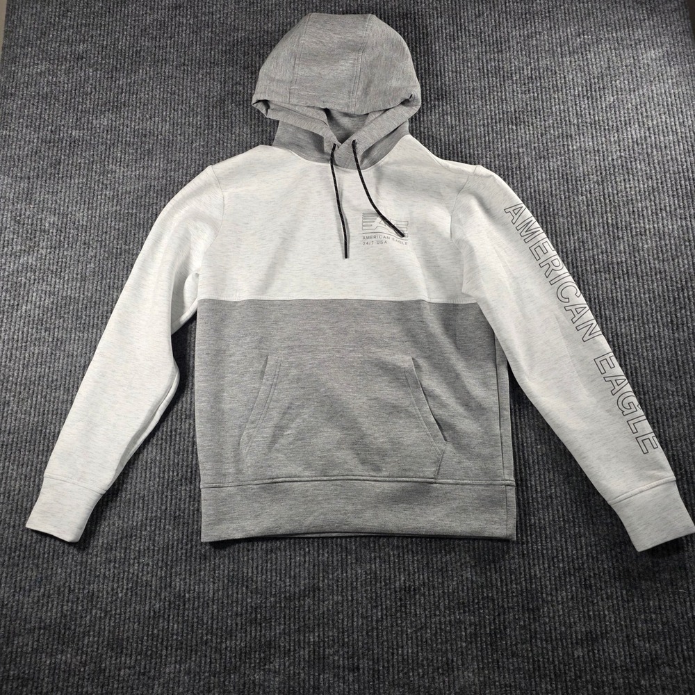 American Eagle Mens 24/7‎ USA Colorblock Hoodie Grey Small Logo Sleeve Graphic